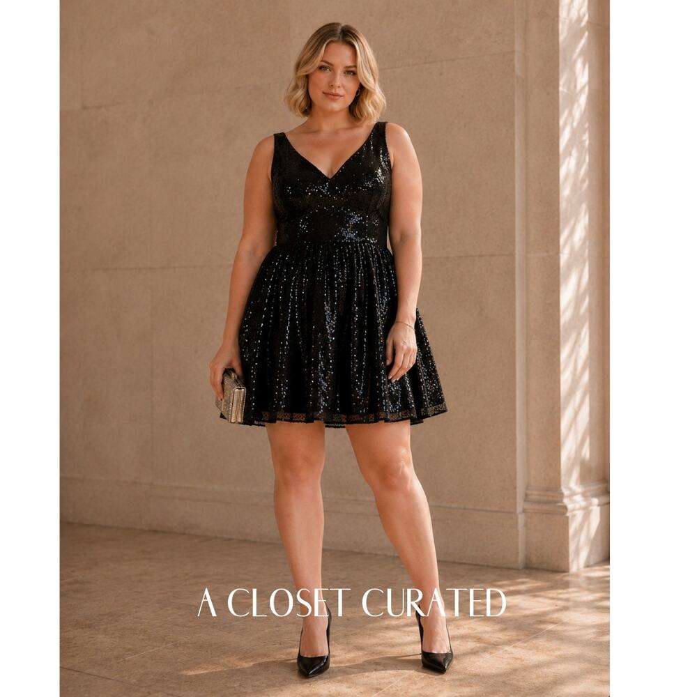 Mac Duggal V Neck Sequin Mini Dress 16 Black NWT Style 48478
